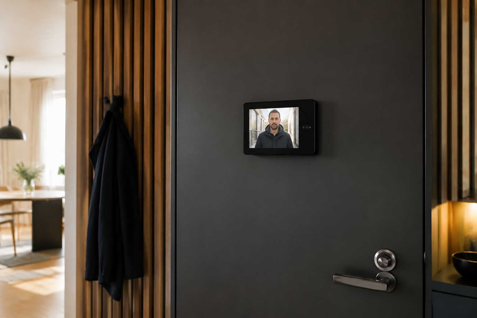 Invändig skärm för digitalt tittöga på en massiv lägenhetsdörr