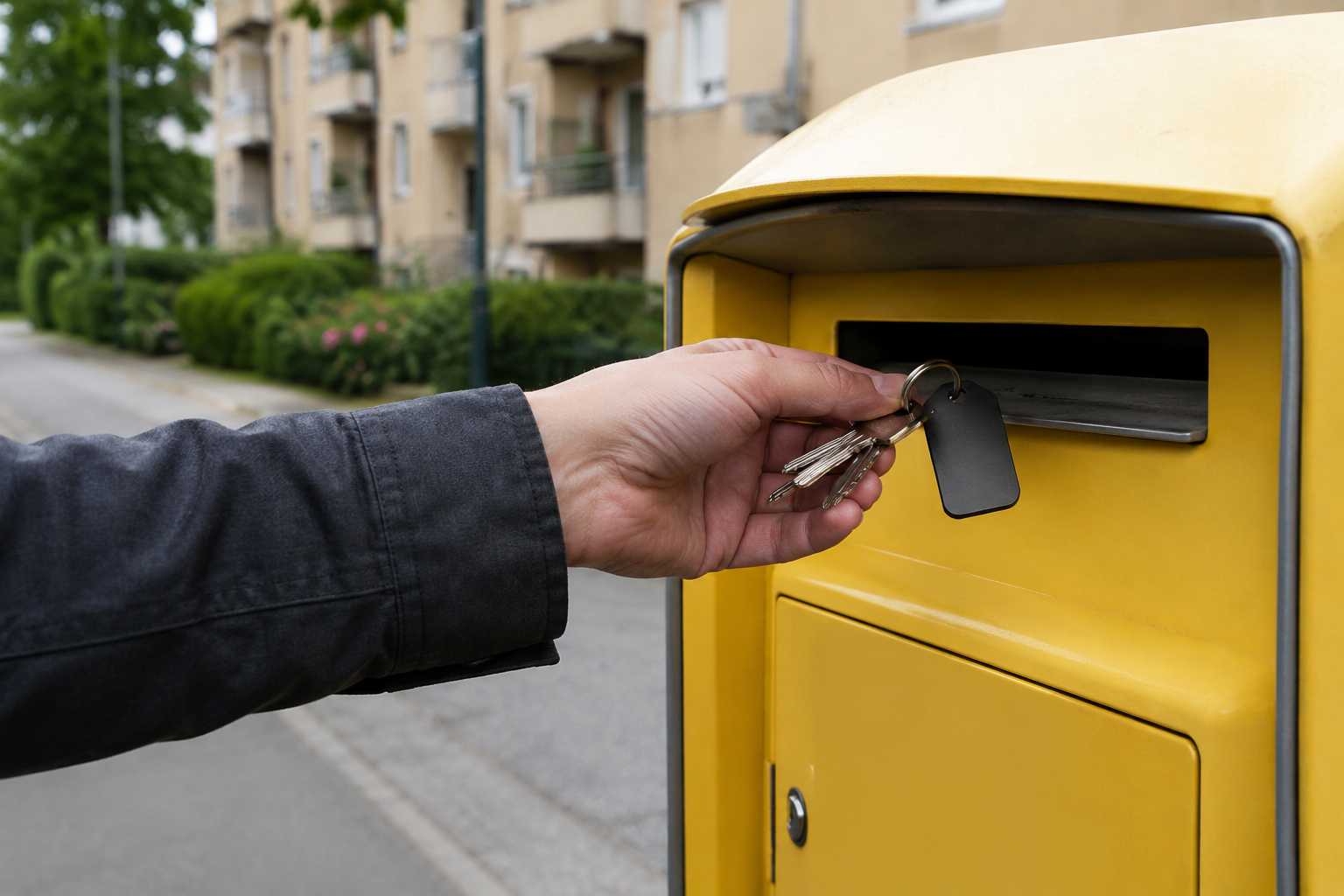Upphittade nycklar med nyckelbricka lämnas i en gul postlåda
